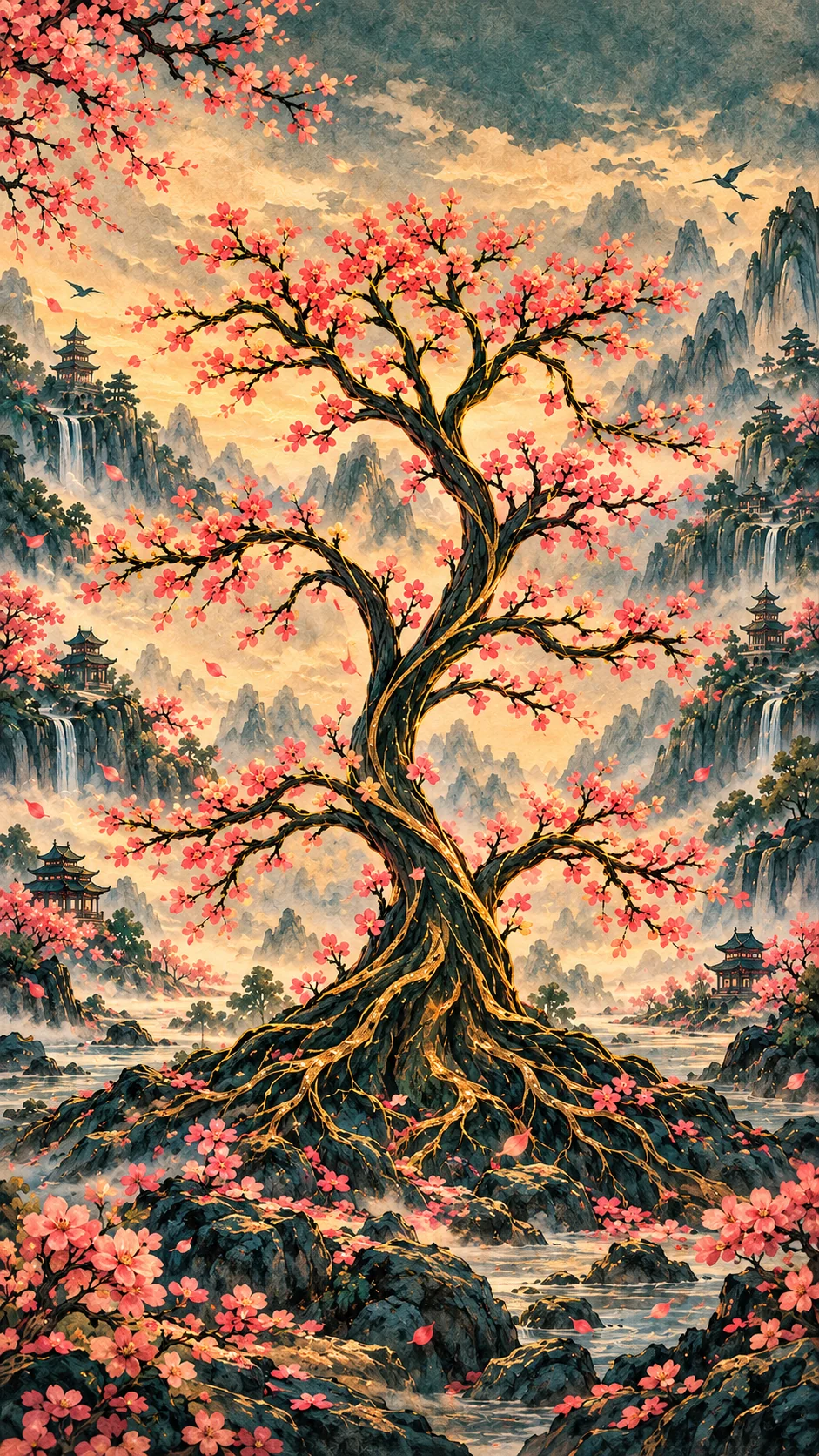 Árbol de logros entre cerezos y montañas