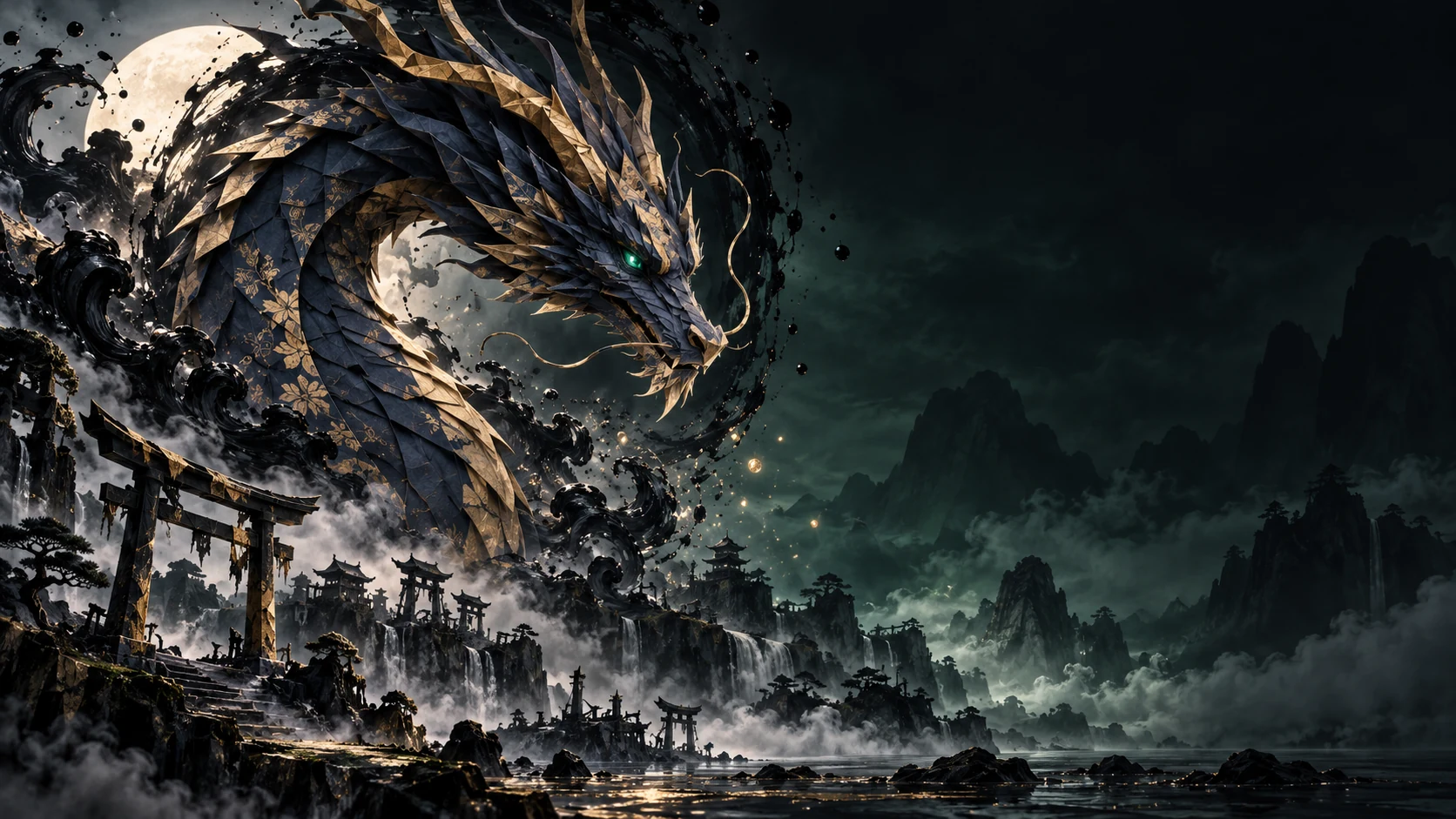 Un dragón de papel oscuro surge de un remolino de tinta bajo la luna