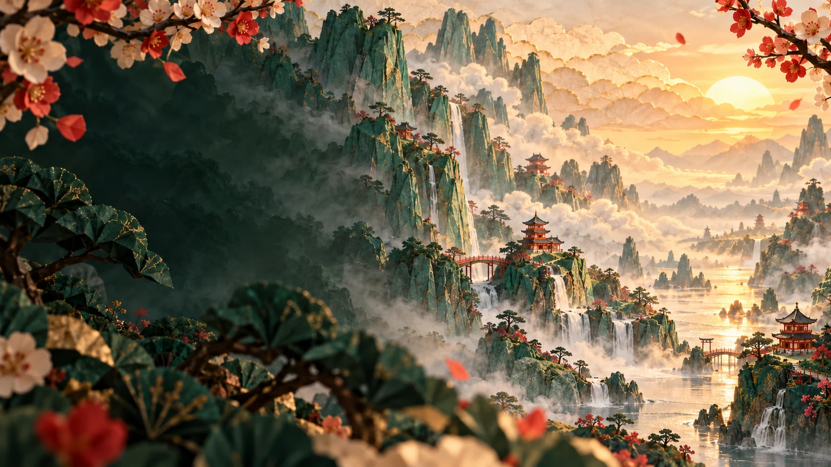Montañas de papel, cerezos y pagodas iluminadas por el amanecer